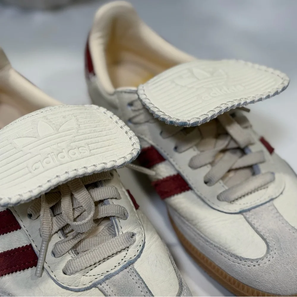 adidas Samba Sneakers Cream with Burgundy Stripes and Gum Sole - Picture 2 of 9